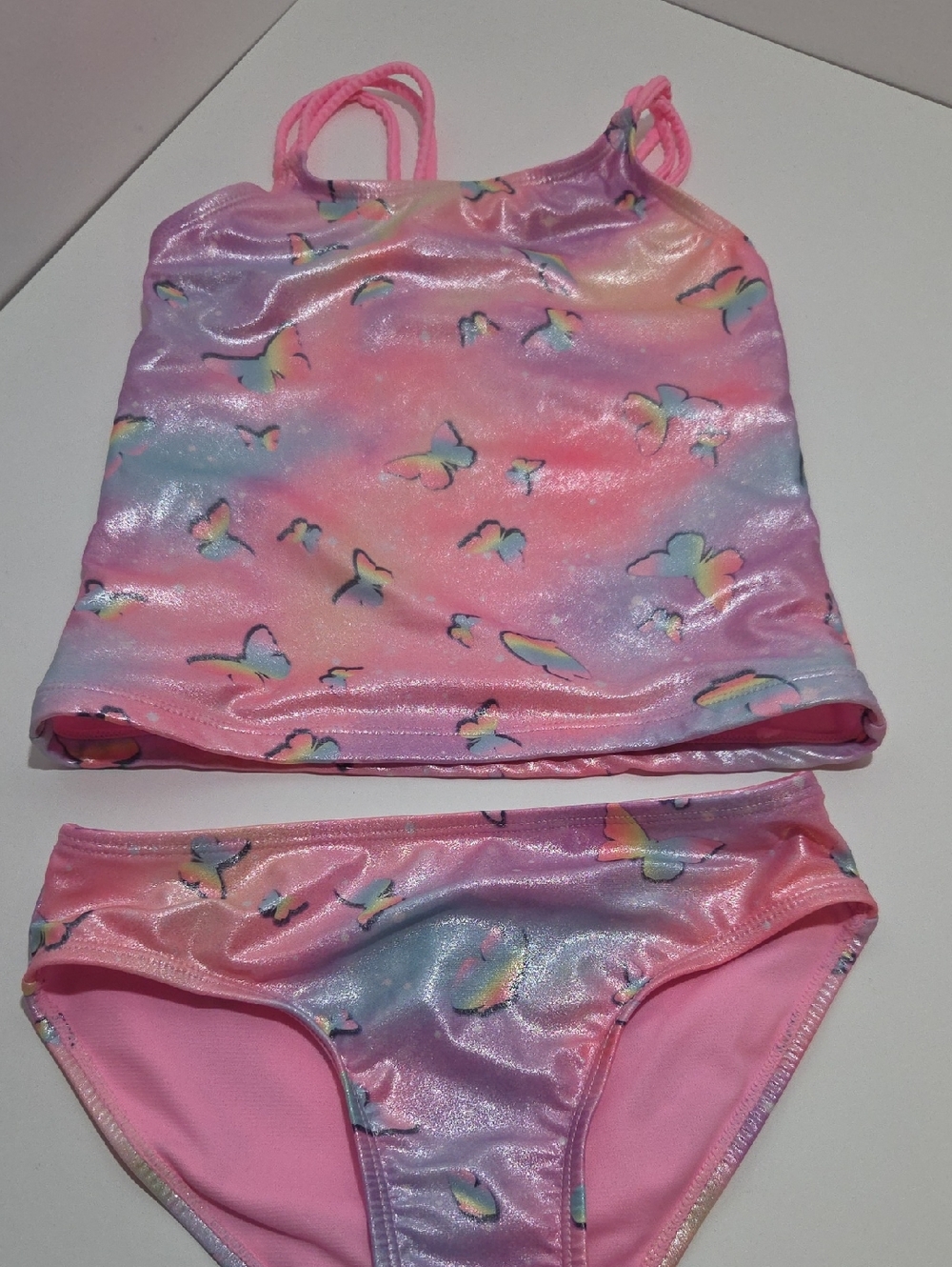 Girls Pink Butterfly Print Tankini Swim Set